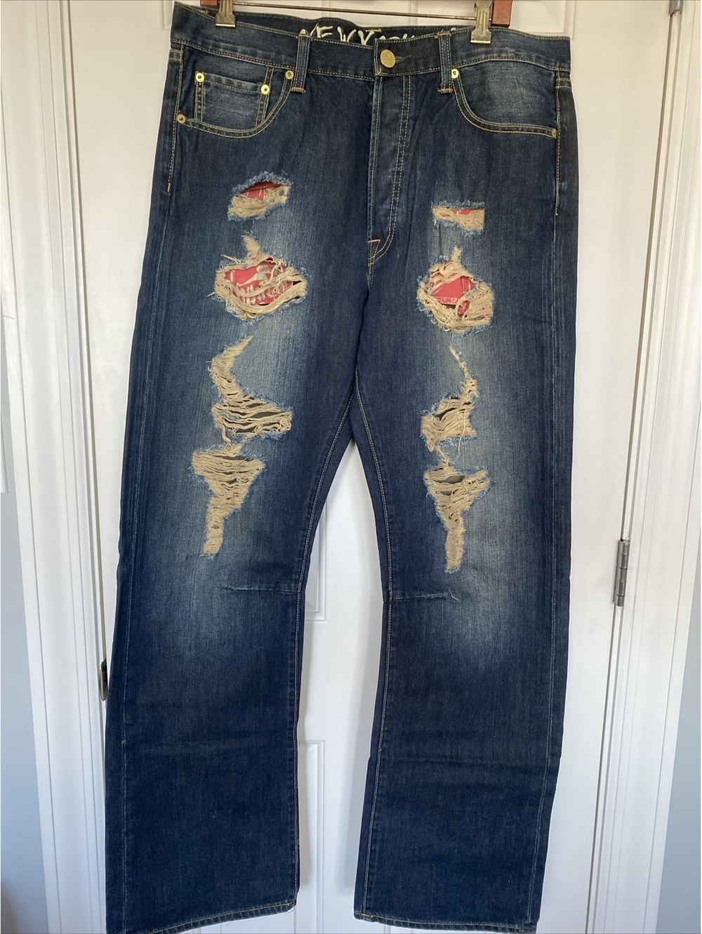 Ed Hardy Christian Audigier Y2K Jeans Dark Blue Distressed Black Panther Mens 36